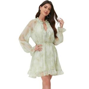 Sealgirl Chiffon Floral Sage White Sheer Long Sleeve Midi Dress Size Large